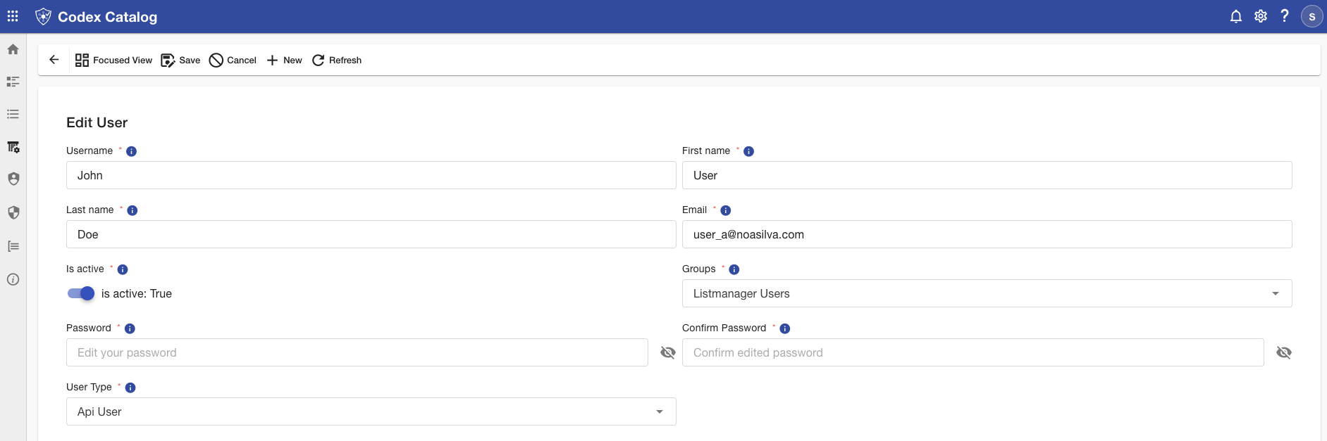 User Admin Screen