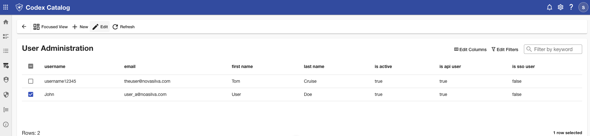 User Admin Screen